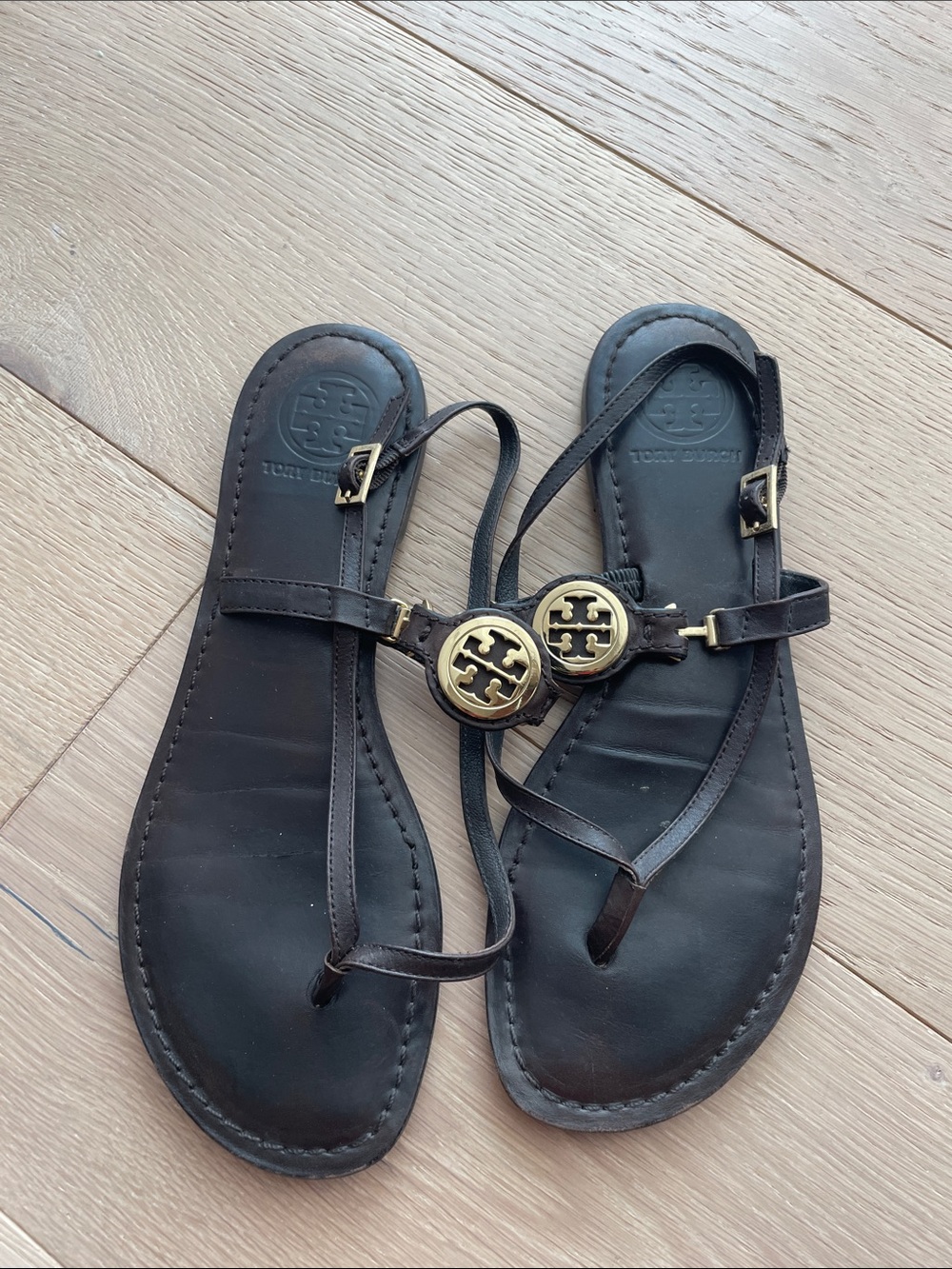 Tory Burch Brown Leather Sandals with Gold Logo Discs